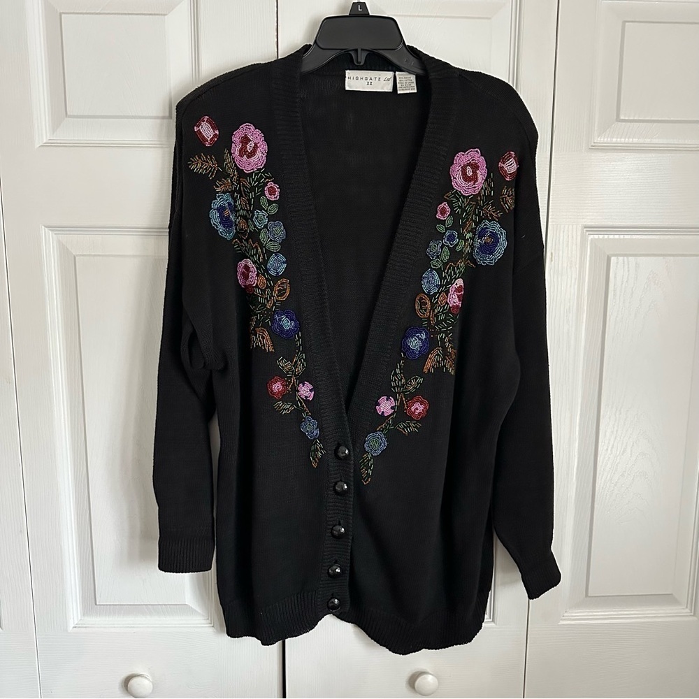 Vintage Highgate Ltd II Sweater Womens XL Cardigan Beaded Floral 90s Grannycore